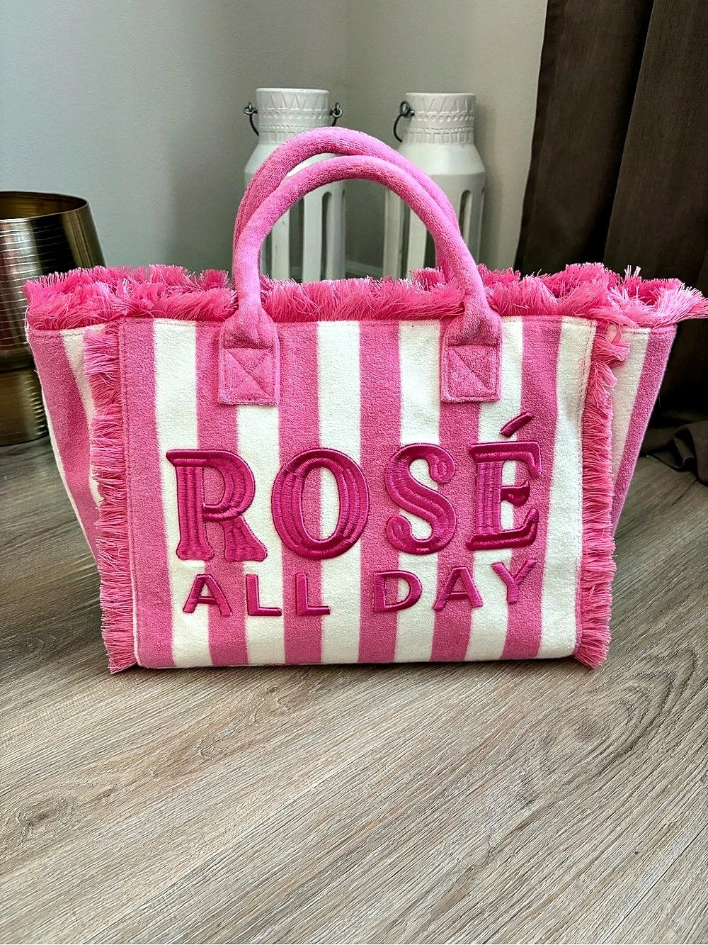 KStriped Fringe Tote in Pink & White Like New